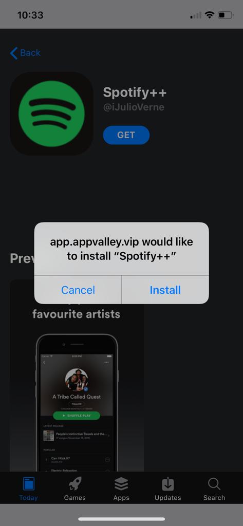 Screen of Installing Spotify++ with AppValley
