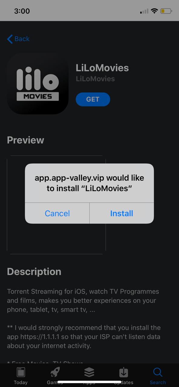download LiloMovies on iOS using AppValley