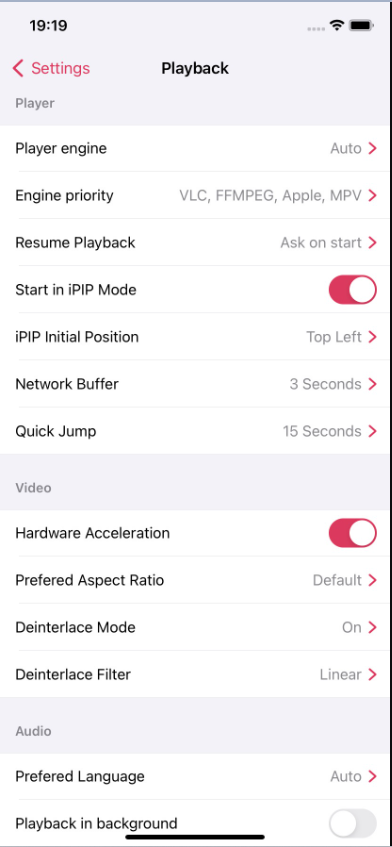 Playback settings of iPlay tv app on iOS
