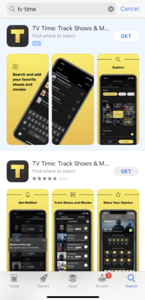 Search TV Time App on iOS