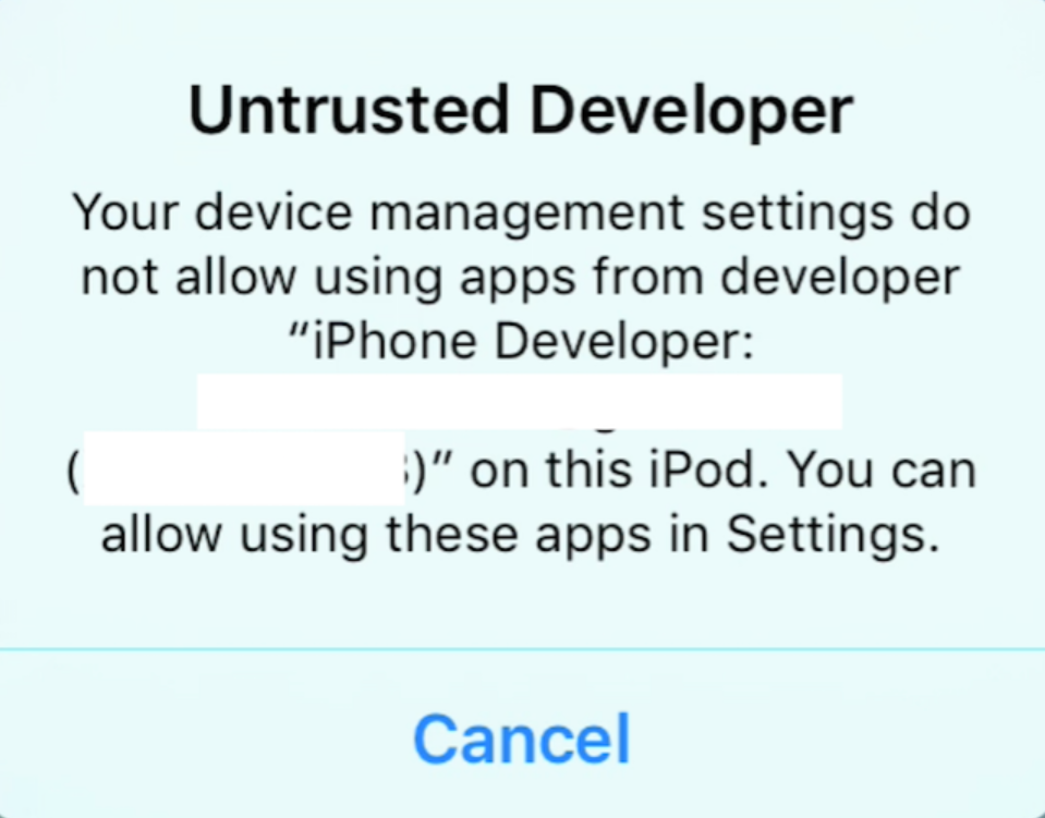 Untrusted Developer Popup on iPhone